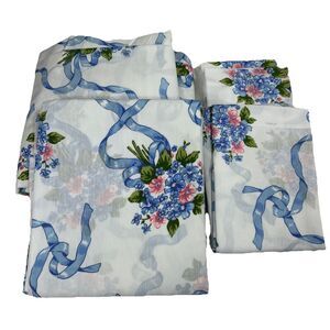 Dan River Double Sheet Set Potpourri Blue Ribbon Floral Pink Crisp Fitted Flat